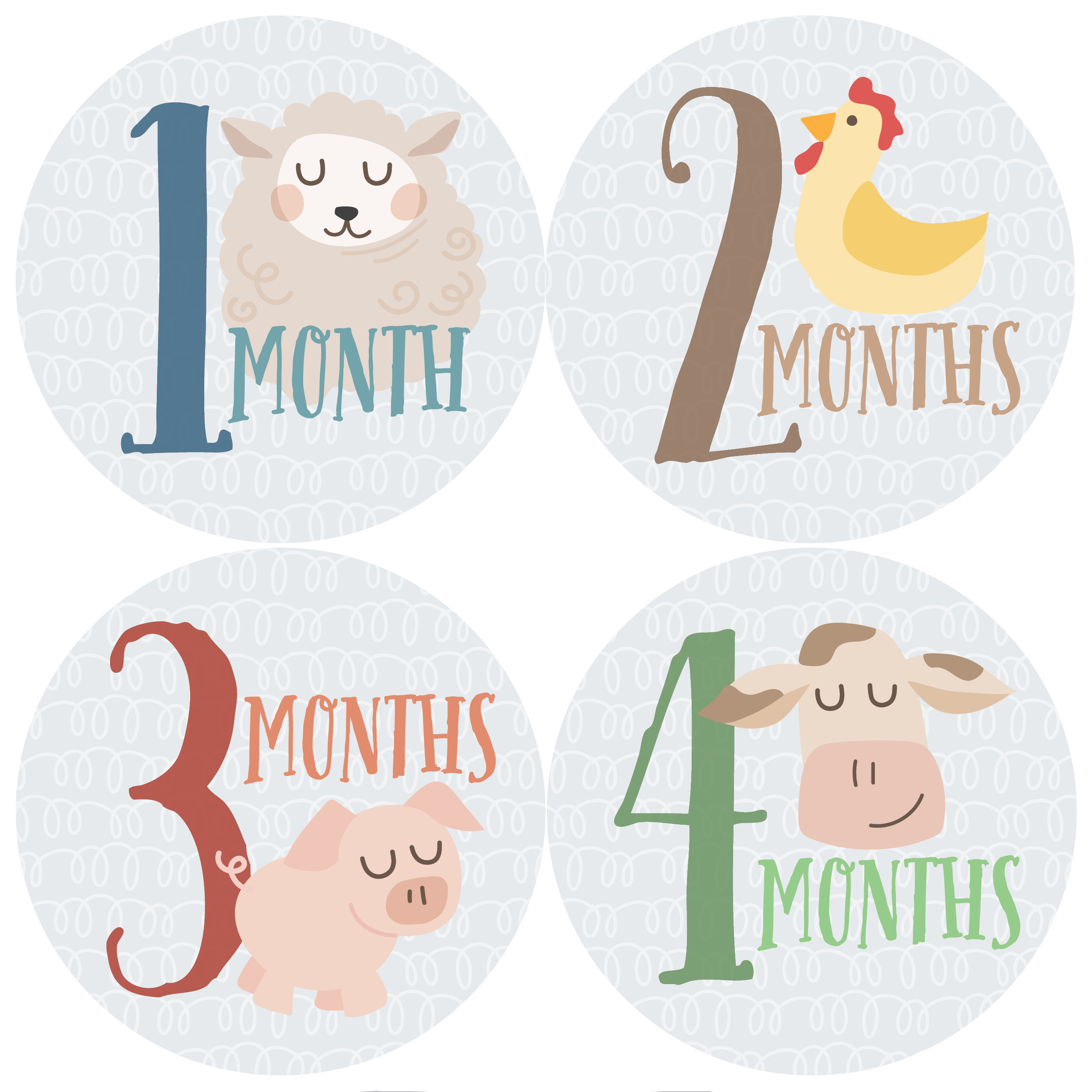 Farm Animals Monthly Baby Stickers (Months 1-12)
